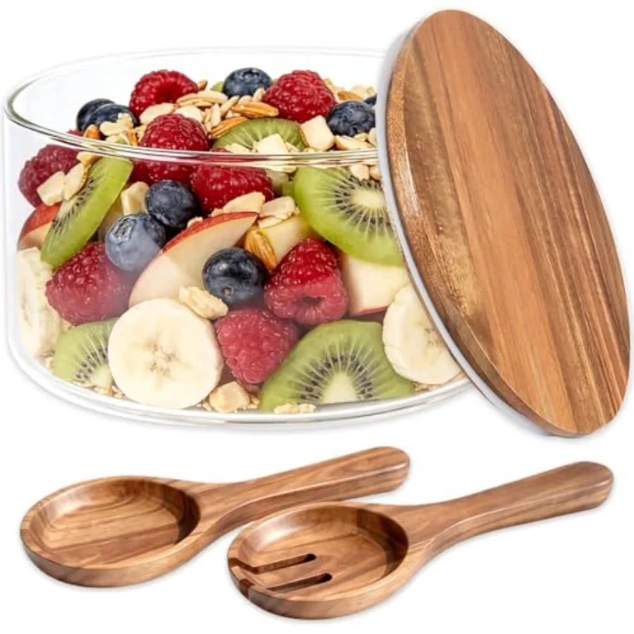 

Glass Salad Bowl with Lid 9.8" Large Glass Mixing Bowls with Acacia Wood Lids Set and Serving Utensils 200oz Trifle and Serving