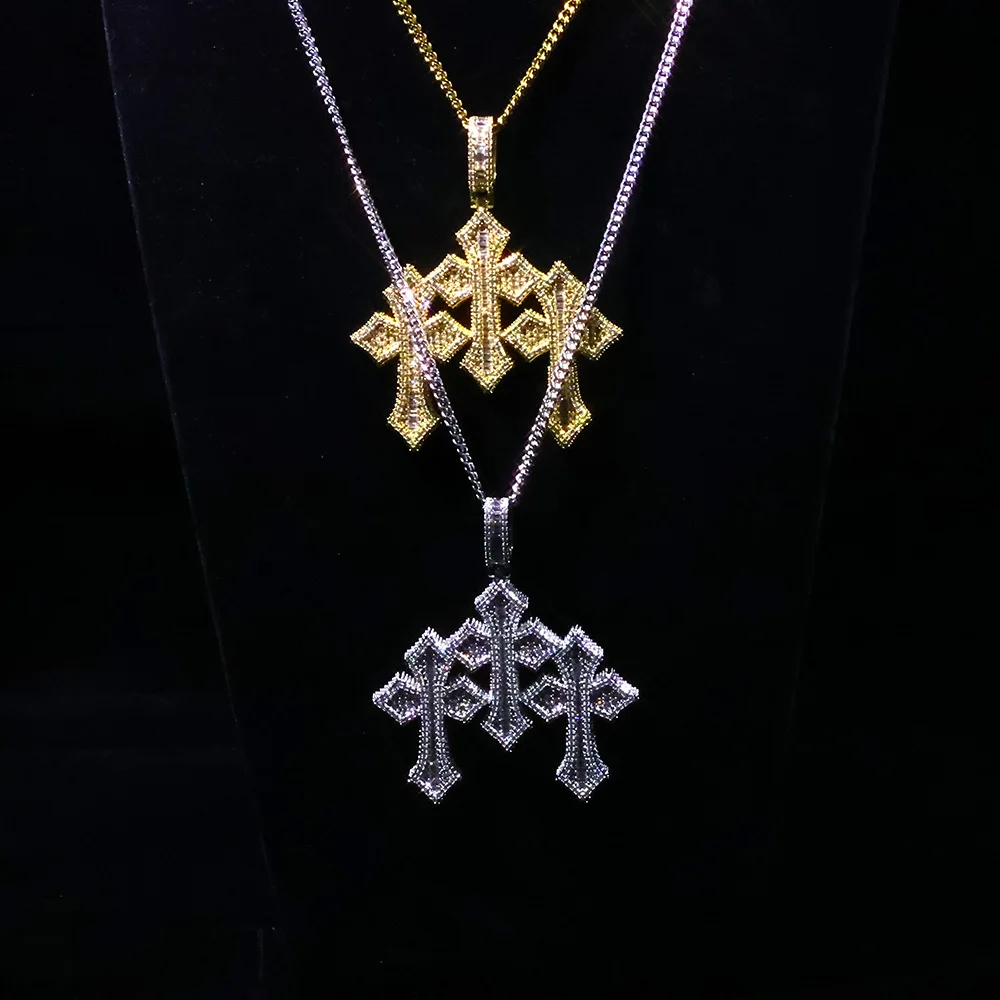 Hip Hop Jewelry Classic Retro Iced Out Three Cross Crystal Pendant Big Size Shiny Baguette Diamond Charm Cross Pendant