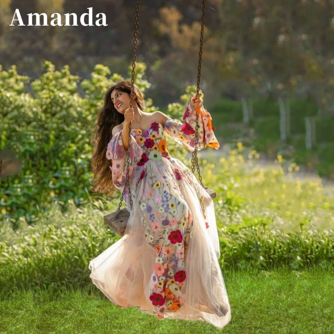 Amanda Princess Lace Embroid Prom Dress Trumpet Sleeve A-line فساتين السهرة Sweet 3D Flower Embroid Vestidos De Noche