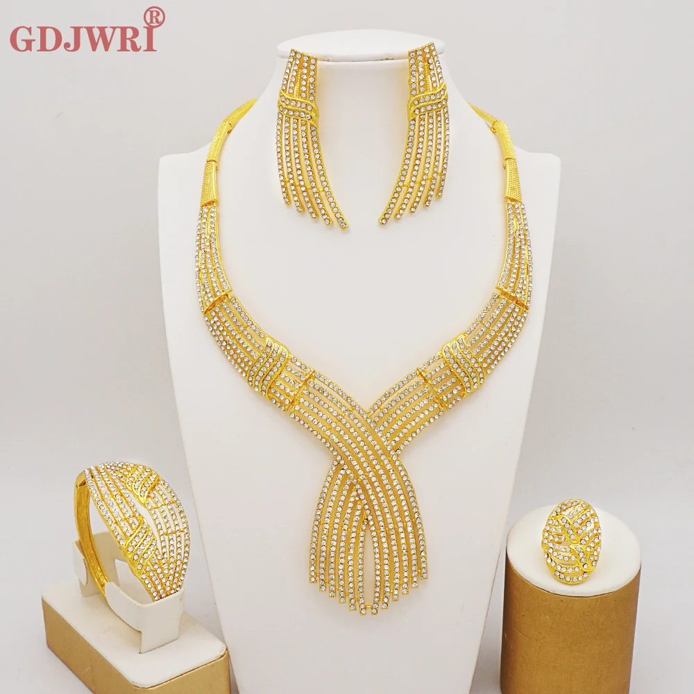 

New Italy Dubai Gold Color Jewelry Set For Women Nigerian Bridal Wedding Large Crystal Necklace Earrings Ring Bracelet Set Party