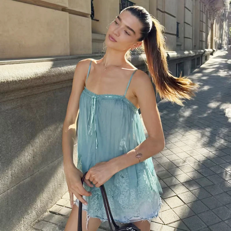 HXAO Damen Sommer 2026 Locker sitzendes Spitzen-Top mit Schleife, ärmellos, rückenfrei, mit Spaghettiträgern, Strandtop – Detail 8