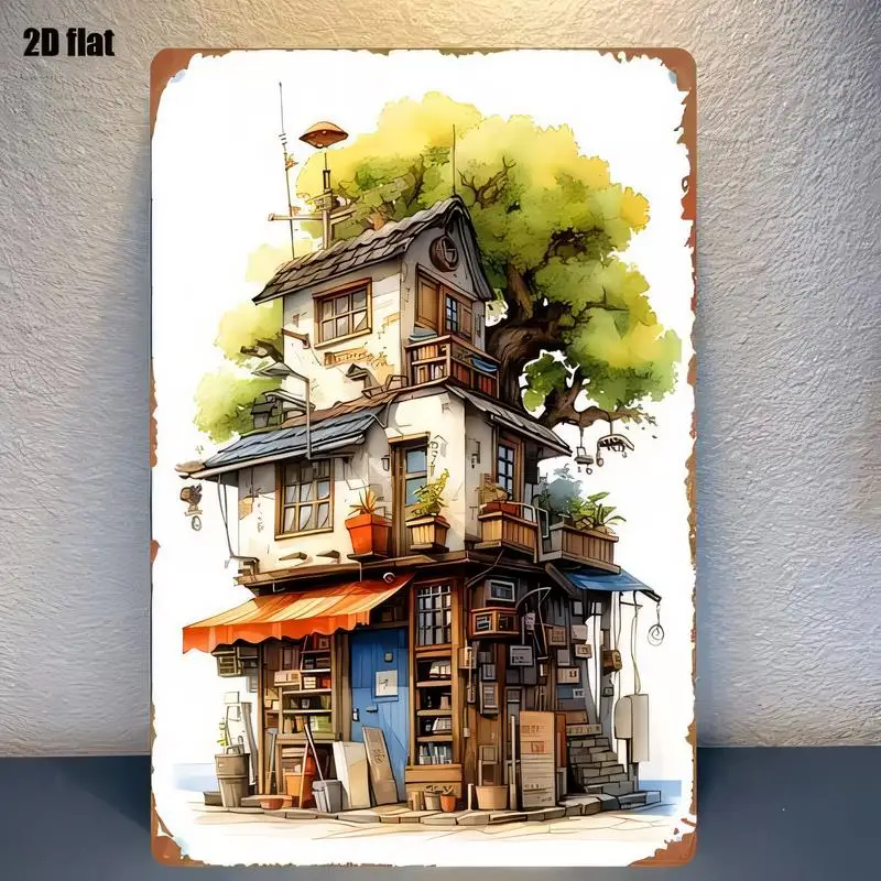 2D Flat Vintage Tree - House Shop Metal Tin Sign, Retro Cartoon Wall Art (Colorful Plants, Orange Awning), Iron, Perfect for Hom