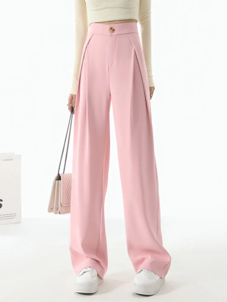 

High Waist Suit Wide Leg Women's Full Pants Pink Spring Summer Female Elegant Minimalism Straight Loose Trousers 2023 New