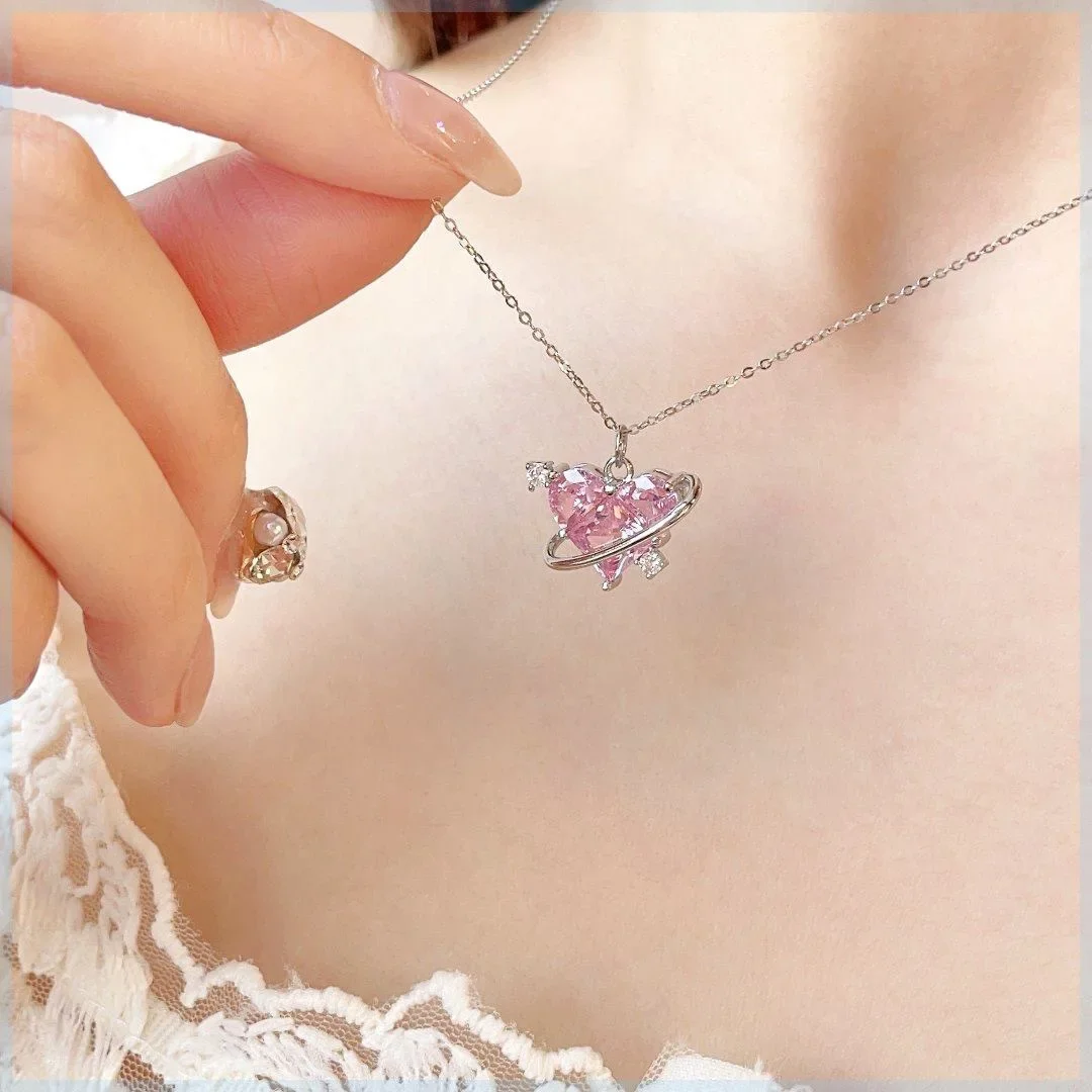 Y2K Mujer Personalized Jewelry Necklace Pink Crystal Zircon Heart Shaped Copper Pendant 2023 Jewelry Necklace For Women