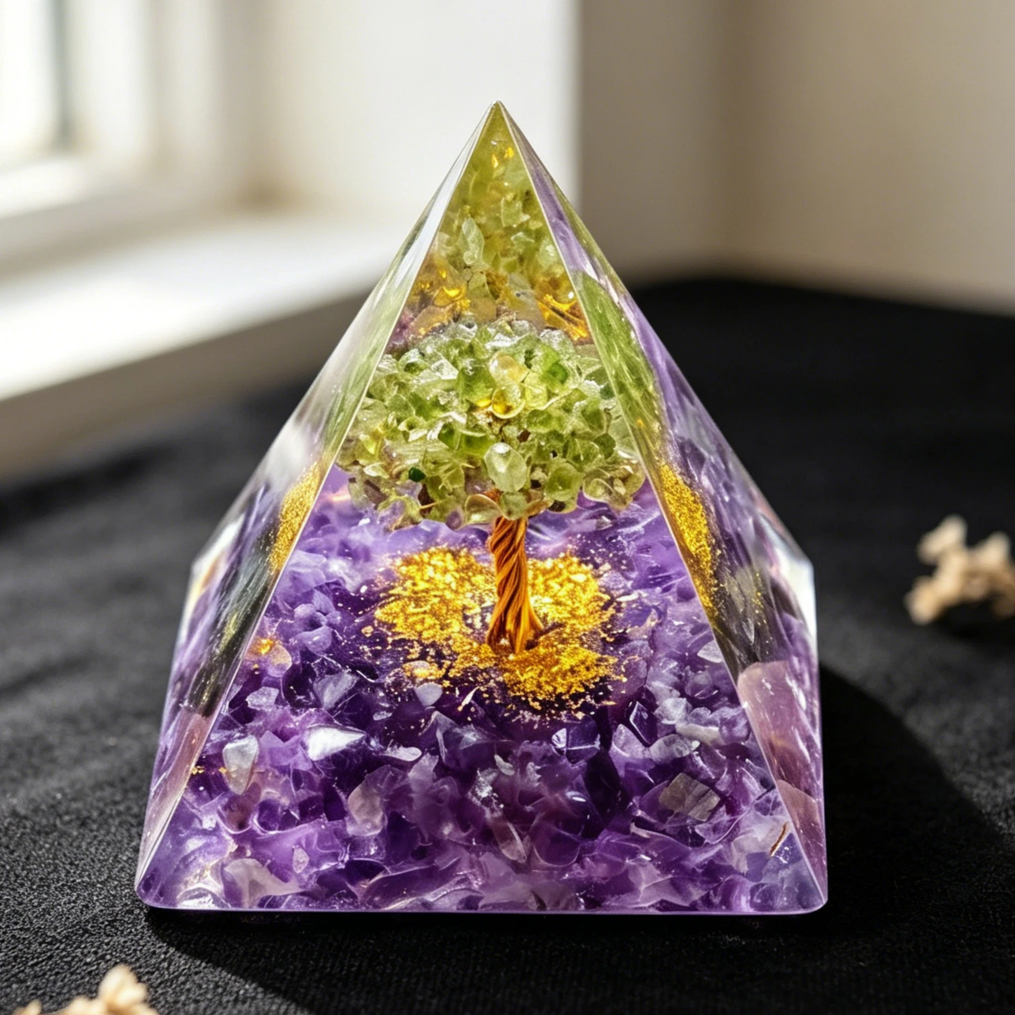1 unidad (5 cm) Pirámide de Orgón de Amatista Natural, Árbol de la Vida con Peridoto, Cristal Curativo de Orgonita, Herramienta de Meditación de Chakras, Regalo Espiritual