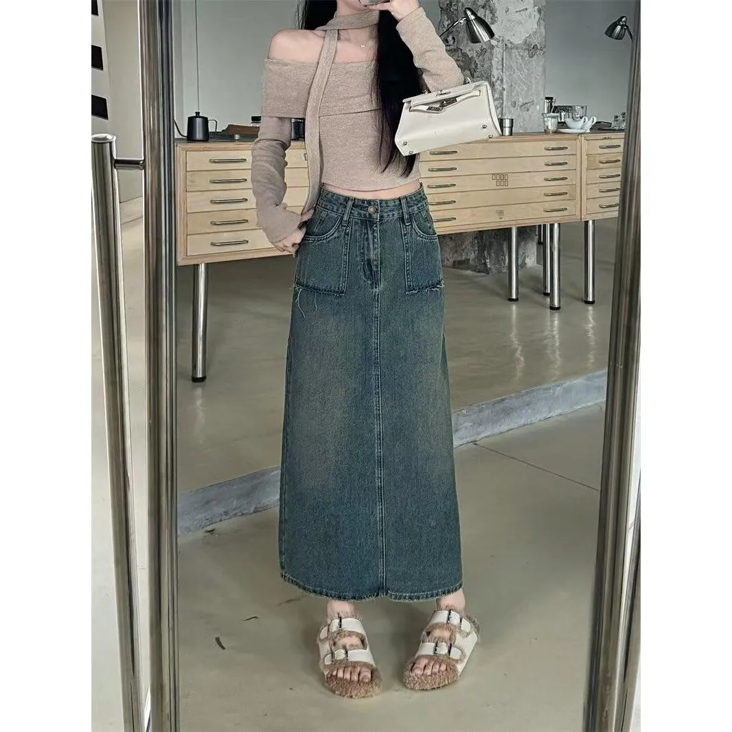 

High Waist Denim Skirt Women's Spring Summer Casual Sle A-Line Skirt with Ba Slit Hip Concealing Slimming Effect