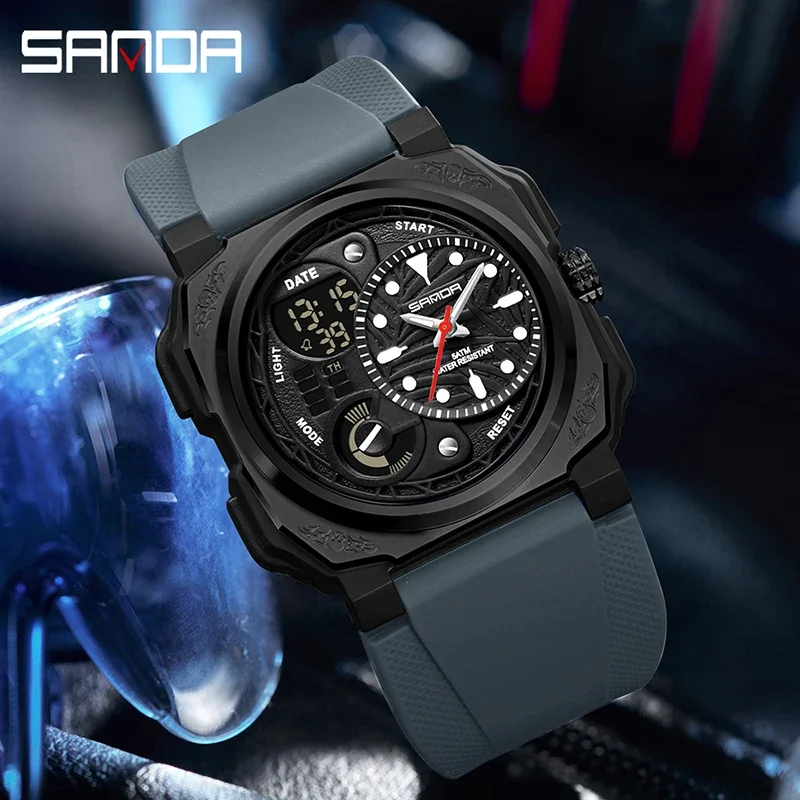 SANDA Outdoor Military Sports Men's Electronic Watch Stopwatch Alarm Clock Dual Display Multifunction Men's Quartz Wrist watch
