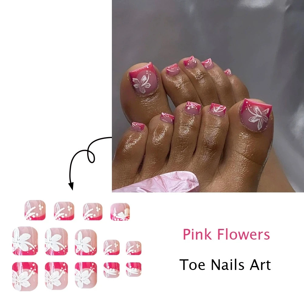 Uñas postizas para dedos de los pies, Flor francesa Retro rosa de verano, estilo ins, uñas postizas con purpurina corta, acabado