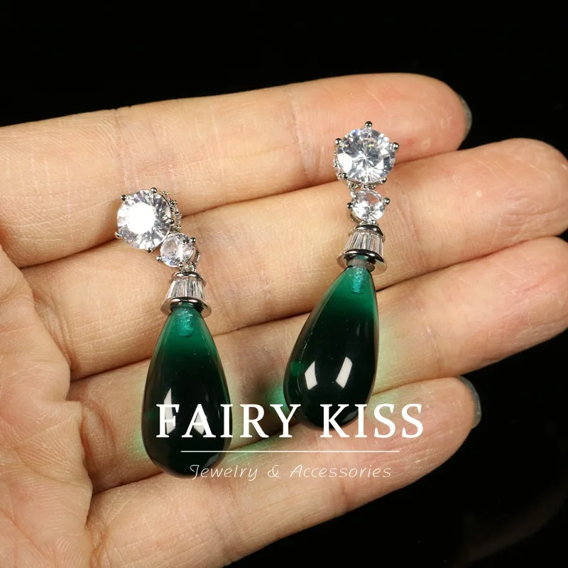 Medieval emerald drop earrings copper prongs inlaid with zircons earrings S925 silver needle  серьги серебро