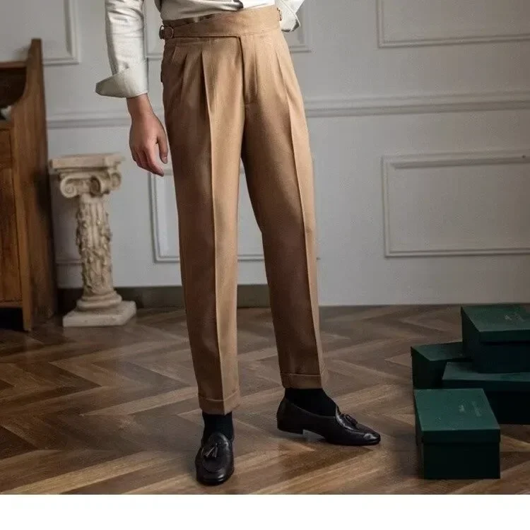 

British Men's Suit Pants Straight High Waisted Naples Pants Formal Business Brown Black Khaki Off White Trousers Wedding Dress