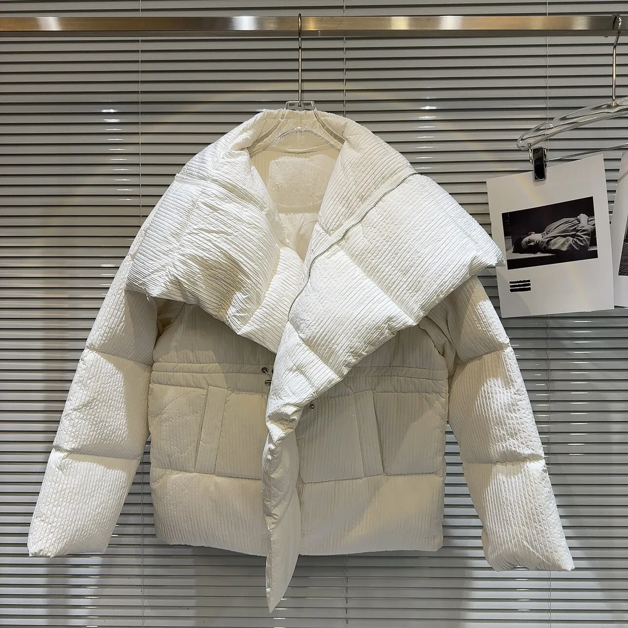Winter Big Lapel Stripes Cotton Down Jacket Women White Duck Down Cotton Padded Outwear Female Drawstring Cold Proof Down Jacket