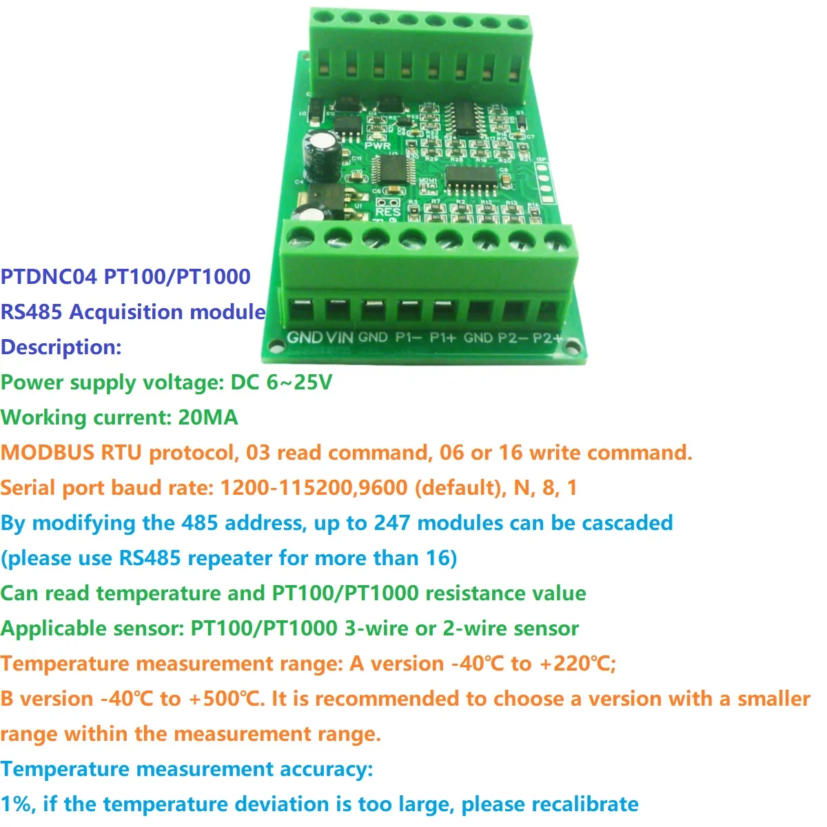 

Modbus PT100 Temperature Sensor Collector for 4CH -40~500C PT1000 RTD RS485 Transmitter