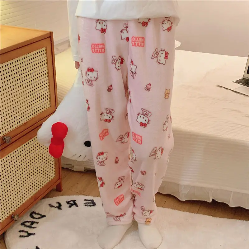 New Hello Kitty Plush Soft Women\'s Sleepy Pants Homewear Casual Walking Pants, Oversize Cute Cartoon Flannel Sleep Bottoms