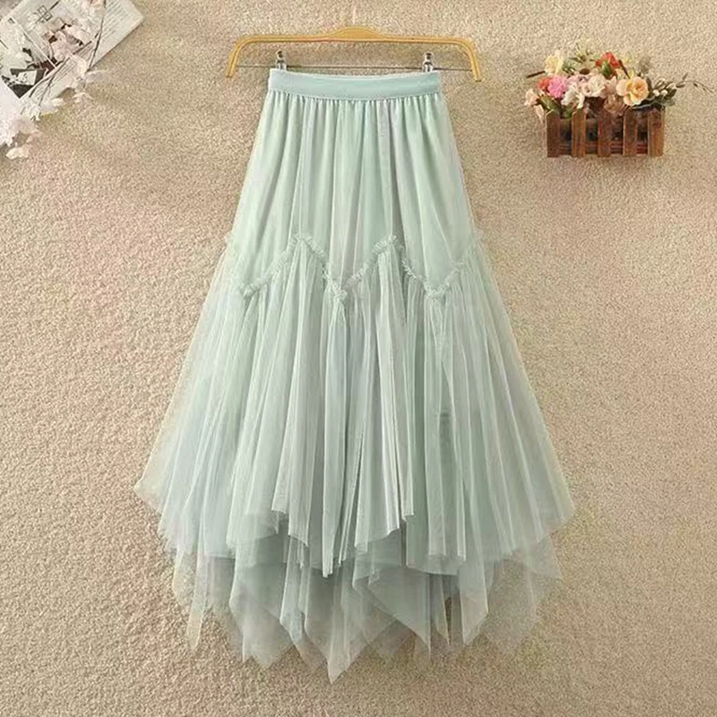 Irregular Pleated Mesh Tulle Skirt Women Spring Summer Fashion Solid Color Elastic Waist A-line Work Party Dance Midi Long Skirt