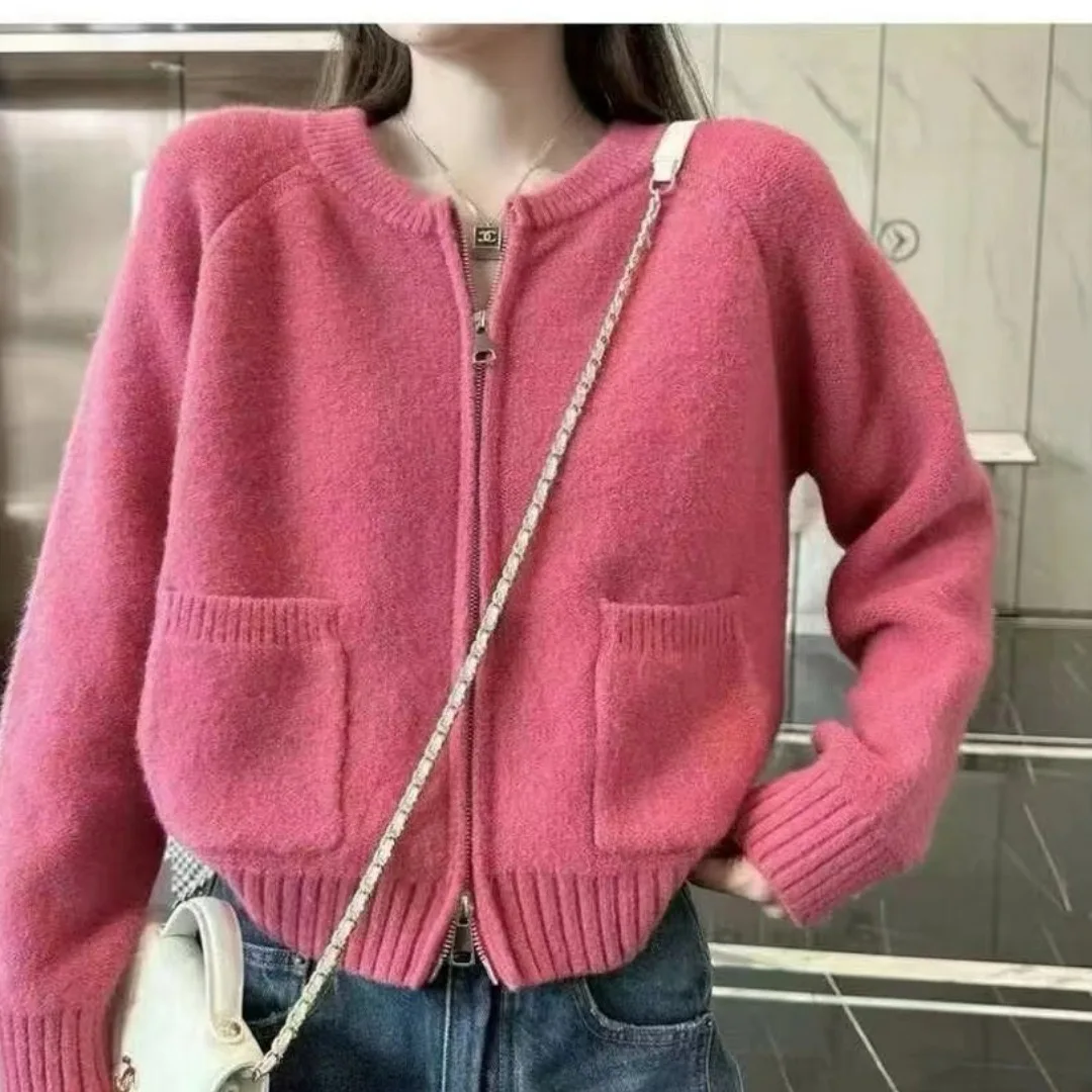 2024 autumn and winter new Korean version soft fashion versatile double zipper knitted cardigan sweater jacket for women