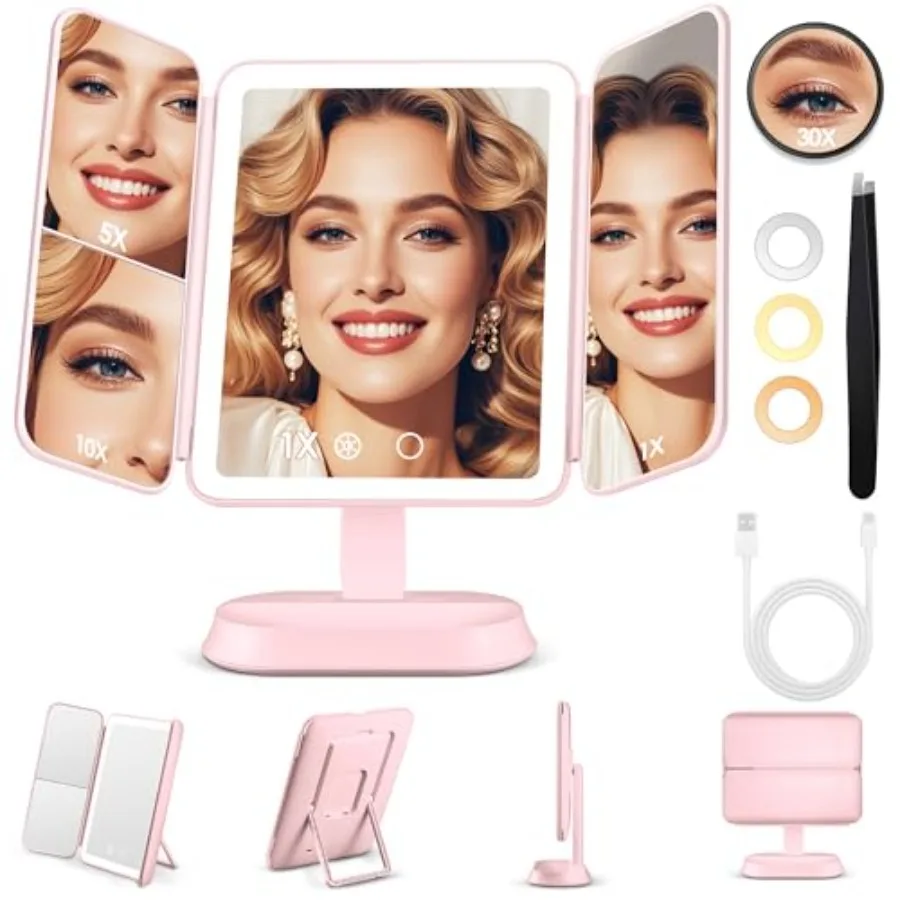 

Vanity Mirror with Lights, Lighted Makeup Mirror with 30X/10X/5X Magnification, Rechargeable Trifold Mirror with 3 Color and Ad