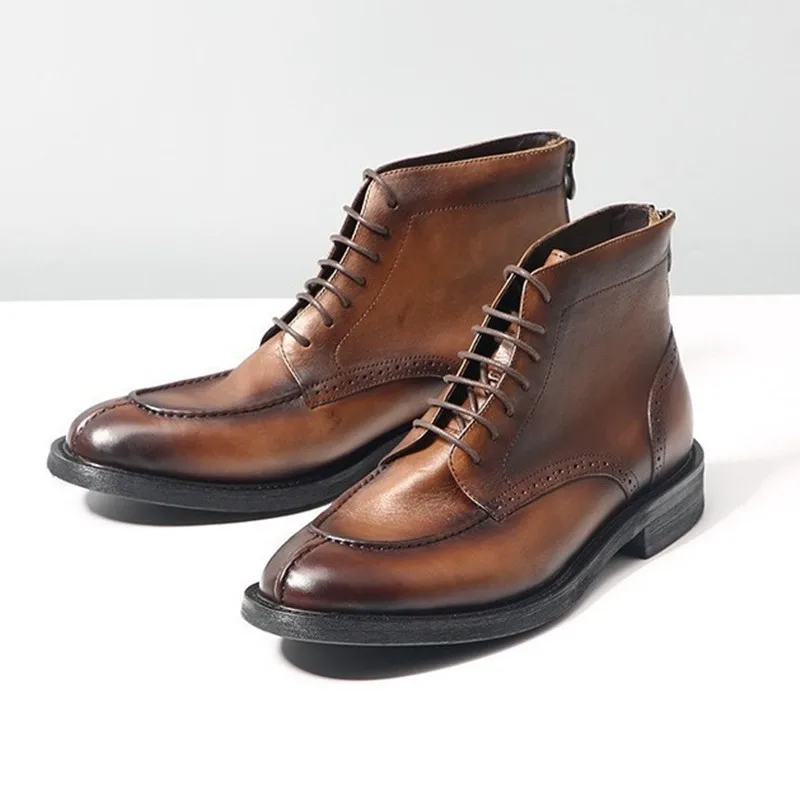 Handmade Designer Pointed Toe Men Brogues Boots Luxury Premium Top Layer Cowhide Genuine Leather Lace Up Dress Shoes for Men