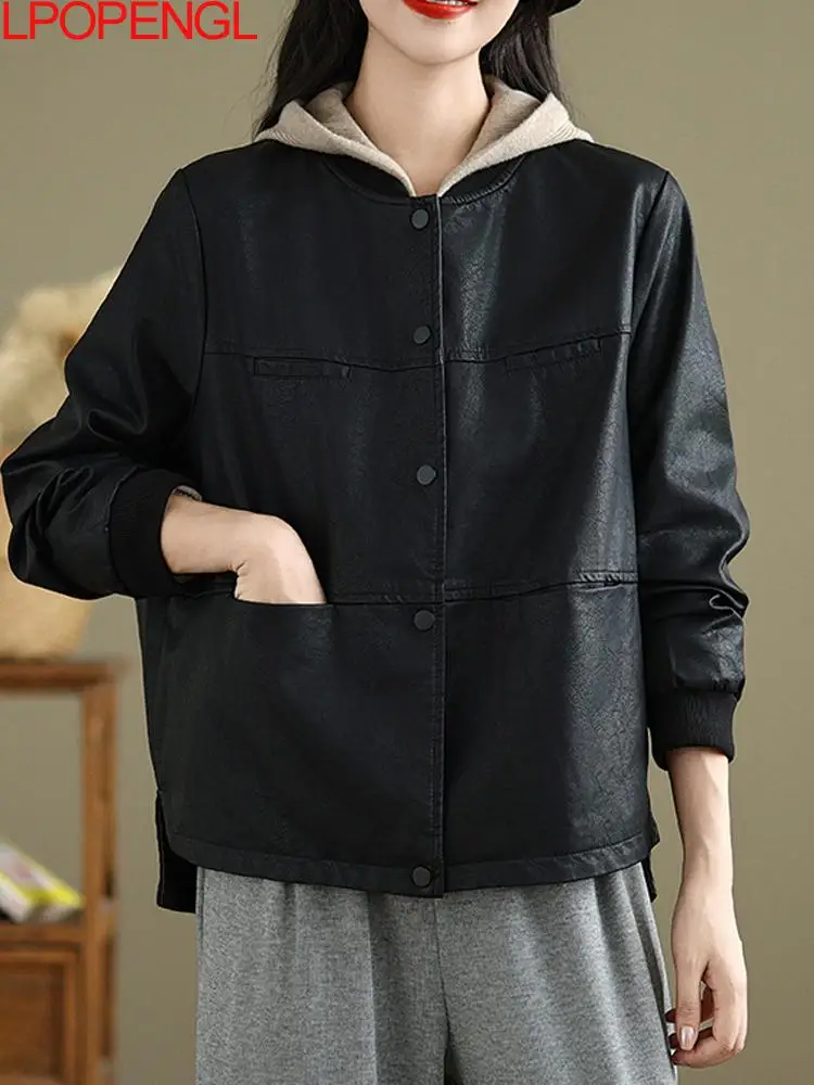 

New Fashion Workwear Pu Leather Jacket Women's Autumn And Winter Loose Oversized Retro Casual Temperament Baseball Cardigan Top