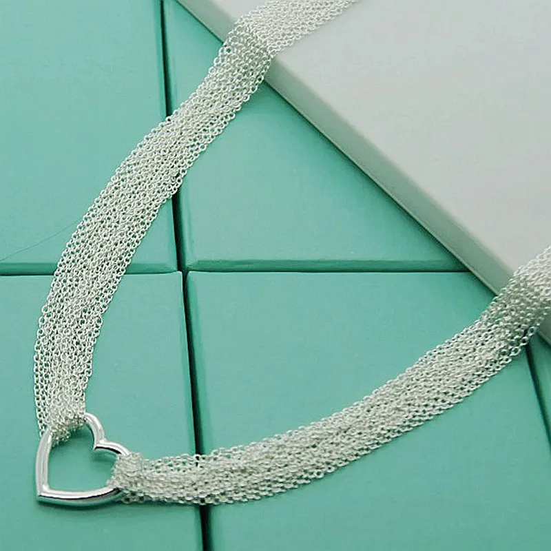 

925 Sterling Silver for Women Man Multi Line Chain Heart Pendant Necklace Collier Female Fashion Jewelry