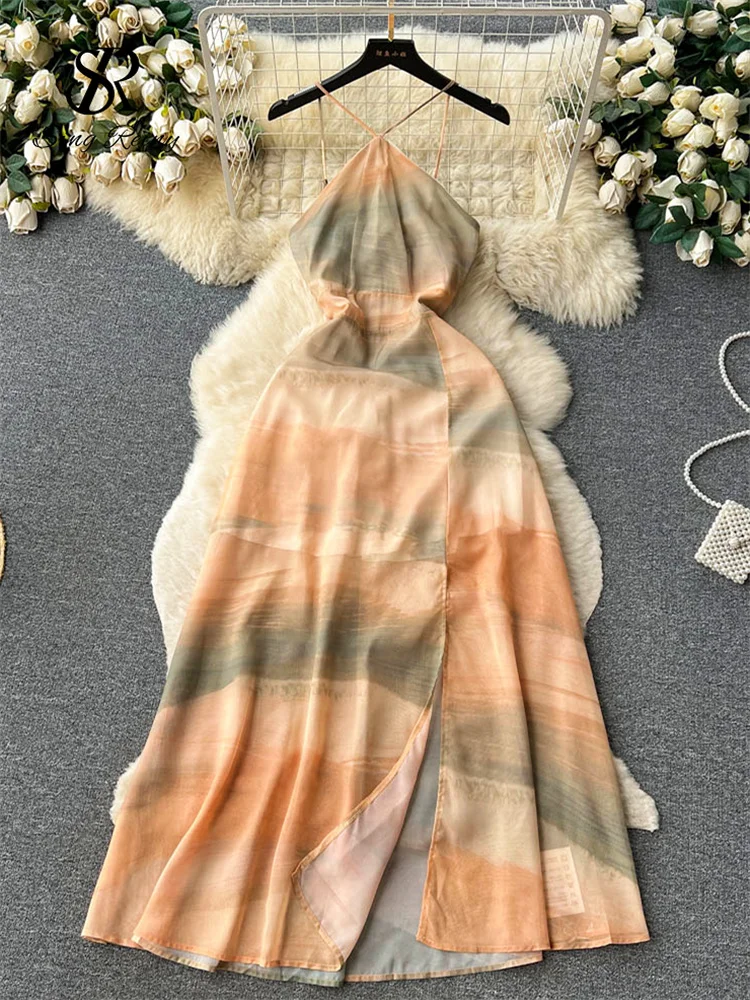 SINGREINY Summer Print Chiffon Long Dress Women Halter Elastic A Line Split Sexy Sundress Korean Tie Dye Backless Beach Dress