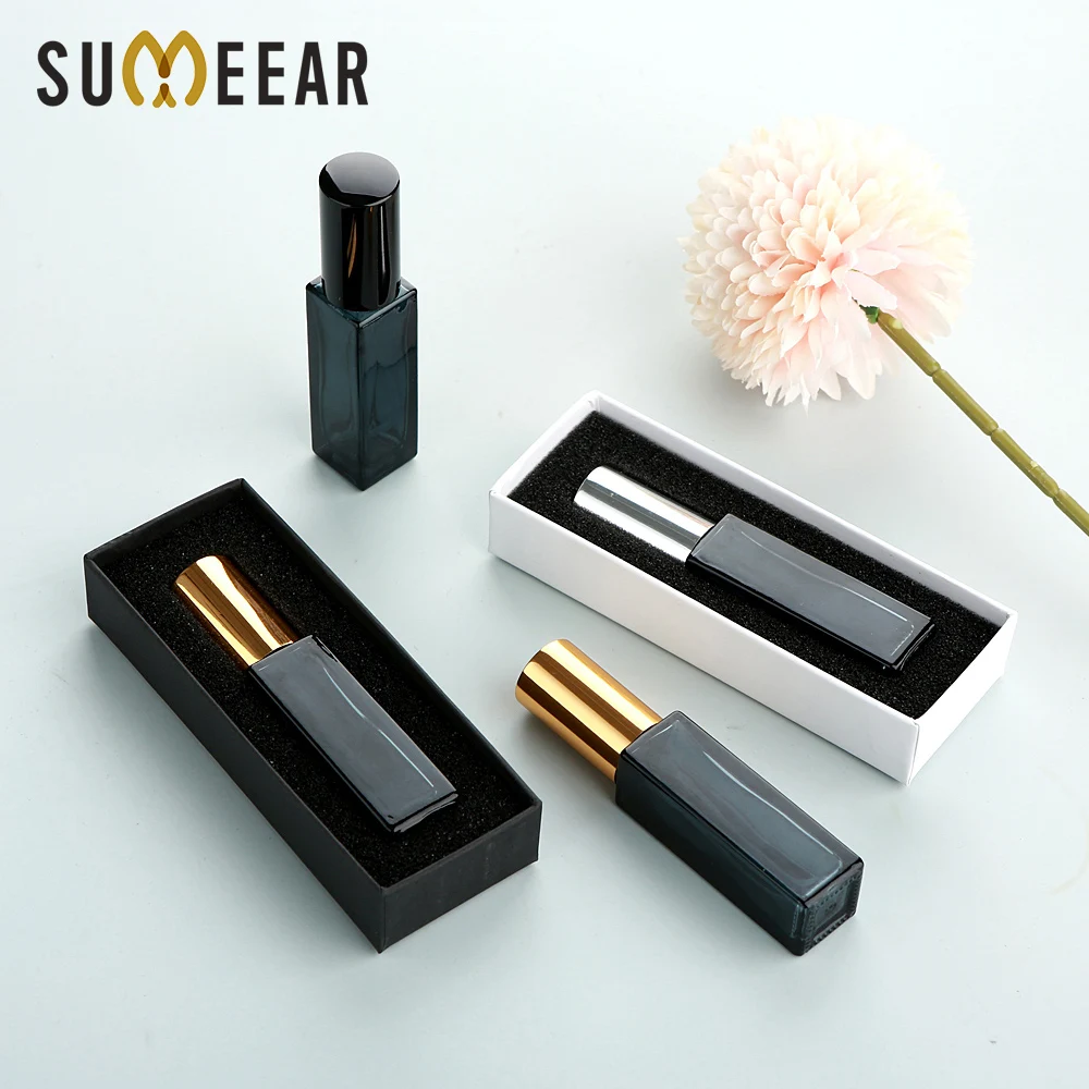 

30 шт., 10 мл темно-синих квадратных толстых стеклянных флаконов для духов с распылителем и коробками, многоразовых и моющихся.