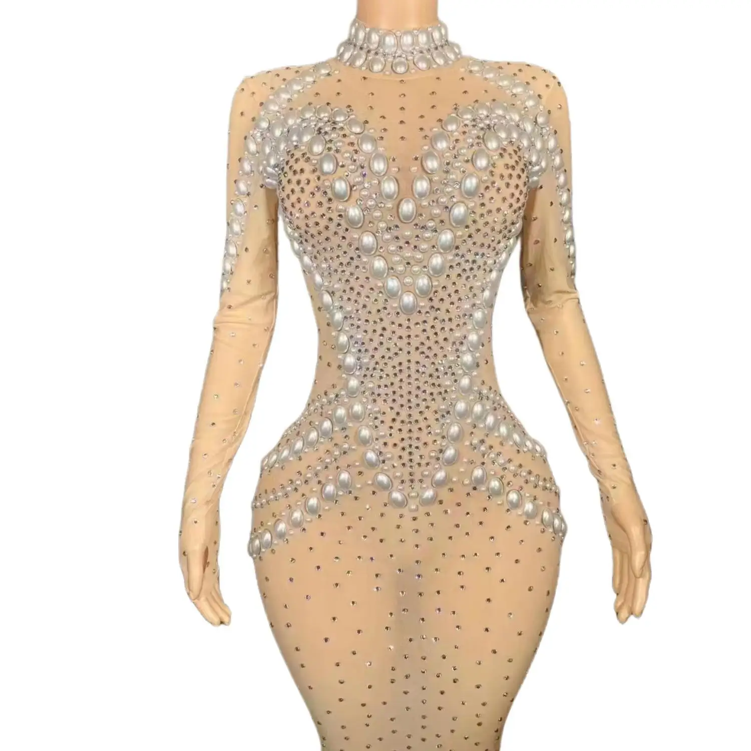 Funkelnde Strass Perlen Perlen Mesh Kleid für Frauen sexy Abend Hochzeit Geburtstag feiern Ballkleid Fotoshooting tragen Longzi