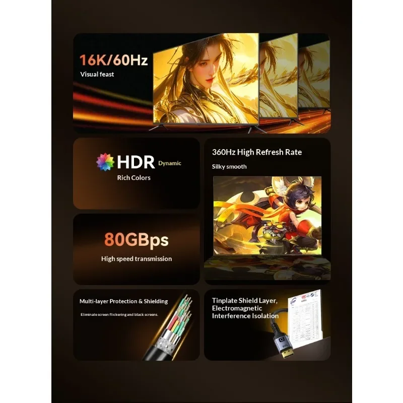 DP 2.1 Cable High Performance, G-Sync FreeSync, 16K High Refresh Stable Video Transmission for Gaming Monitor PC Laptop