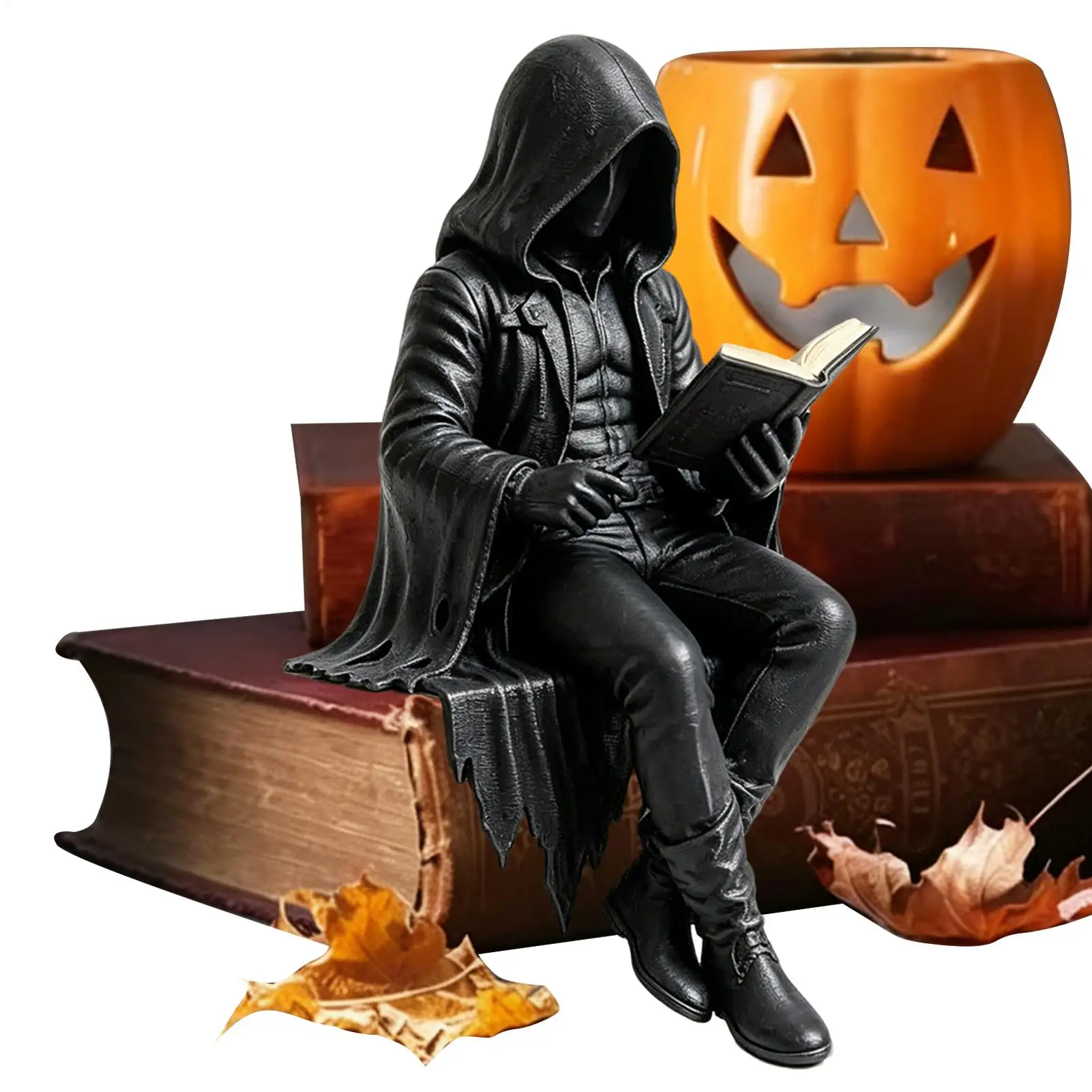 Gothic mysterious reading posture Sculpture 3D Print Black Long Robe Sitting Statue Dark Resin Ornament Home Desk