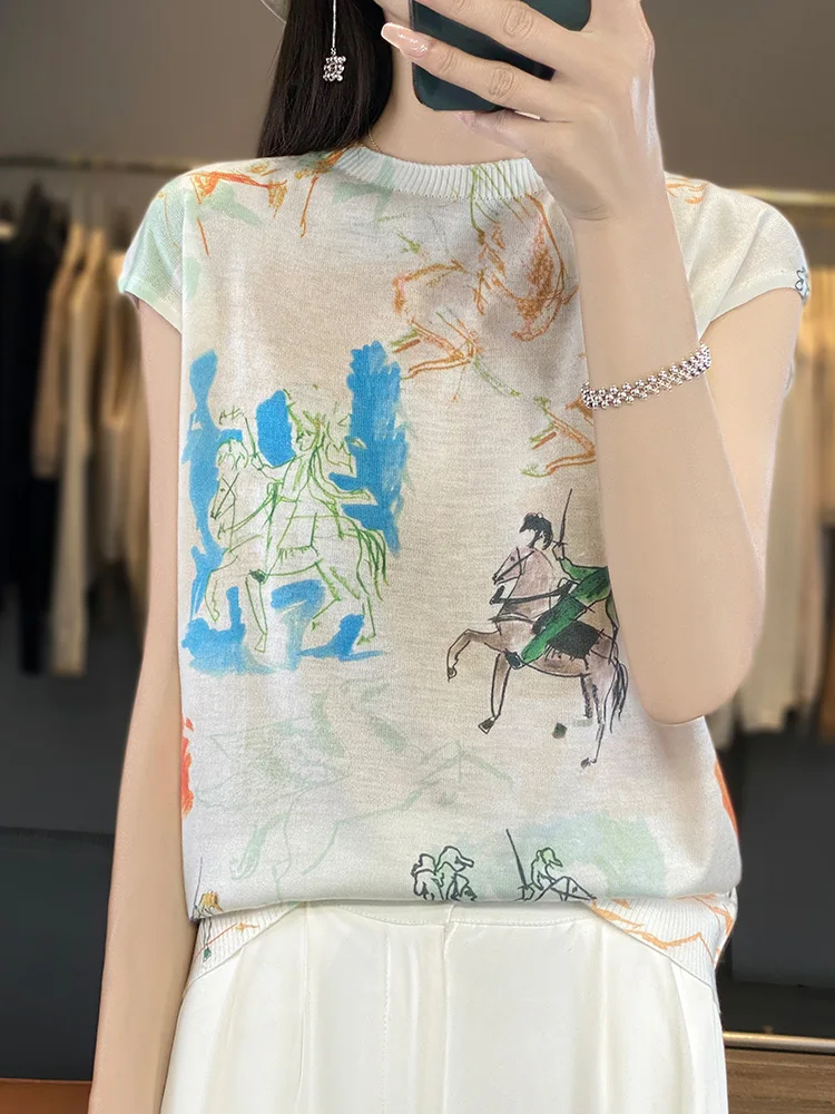 New Arrivals Women's T-Shirts Worsted Wool Printed Short Sleeves Summer Collection Silk Tees High End Elegant Tops Fashion Trend