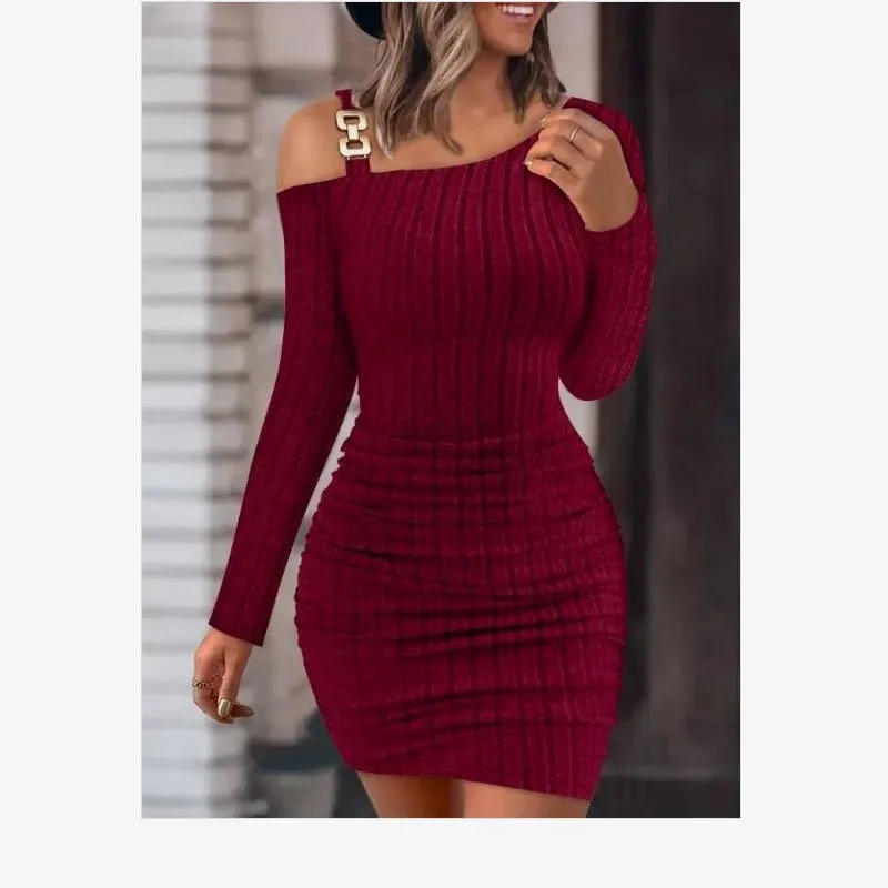 Sexy Off-Shoulder Dress, Asymmetric One-Shoulder Bodycon Dress, Long Sleeve Slim Pencil Dress, Solid Color Fashion Party Gown