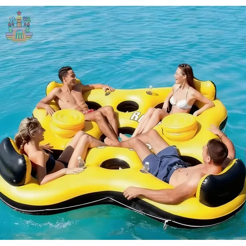 4-Person Inflatable Water Island for Social Pool Float with Cup Holders for Group Fun