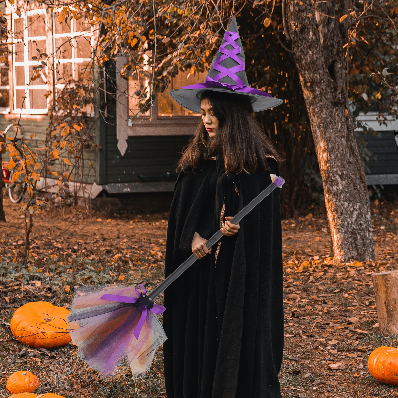 

1 set Witch Hat Set Broom Purple Halloween Costume Accessory for Girls Women Party Dress up Props Role playing Theme Outdoor