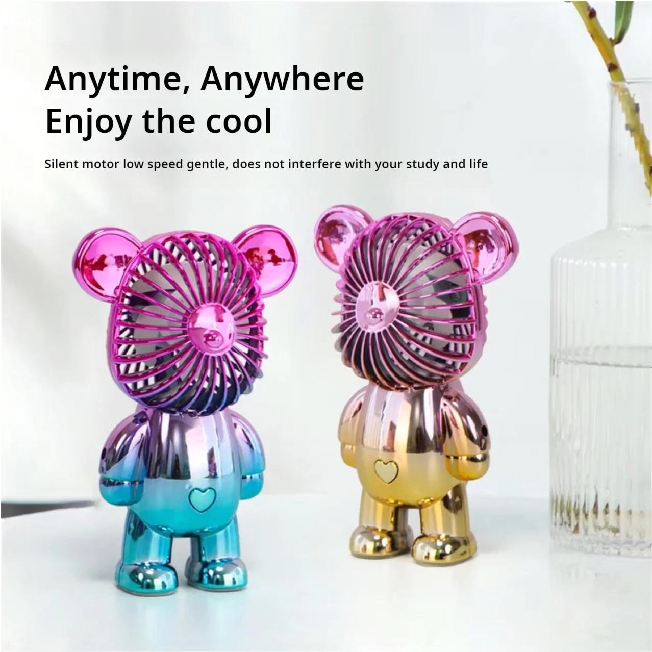 2024 Electroplating Gradual Change Bear Fan Mini Color Graffiti Handheld Fan USB Charging Small Fan Cooling Electric Fans