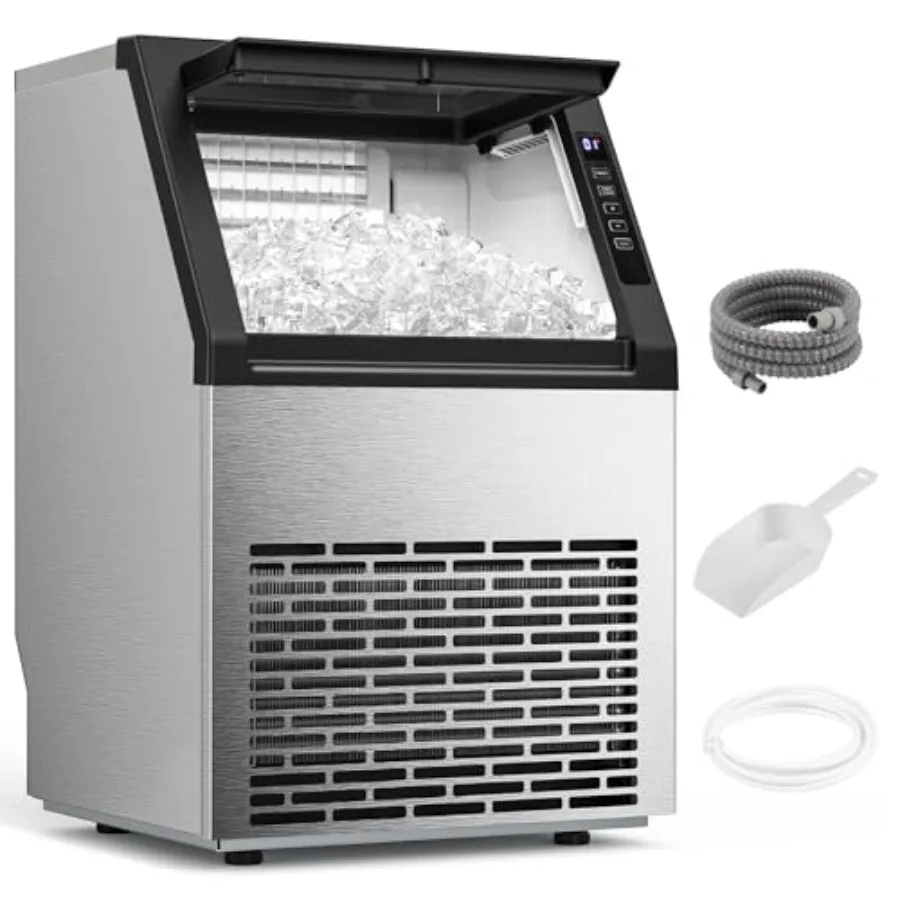 

Commercial ice machine for bar, cafe, small business: stainless steel, silver, 80 lbs/24H output, 36 cubes in 15 mins, 28 lbs s