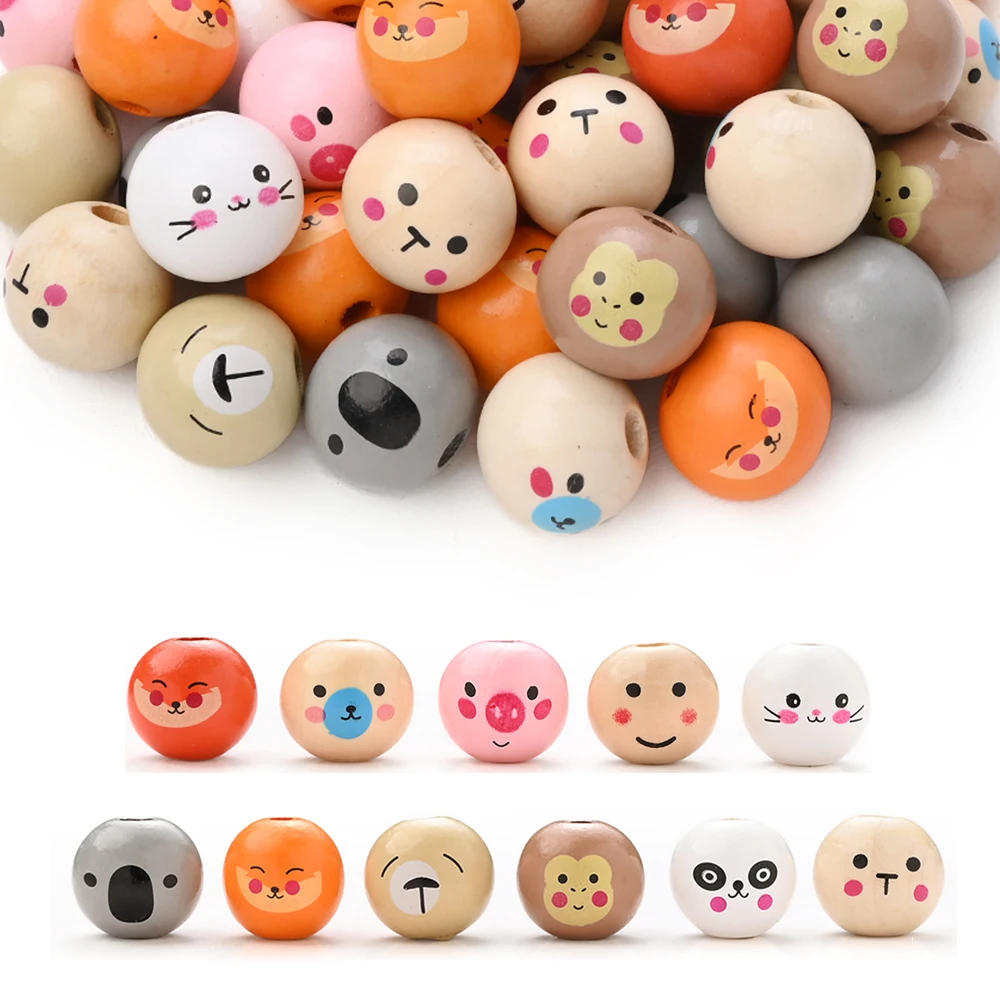 20Pcs Wooden Beads Baby Animal Printed Mixed Focus Bead For Make Pacifier Necklace Pacifier Chain Jewelry Accessories