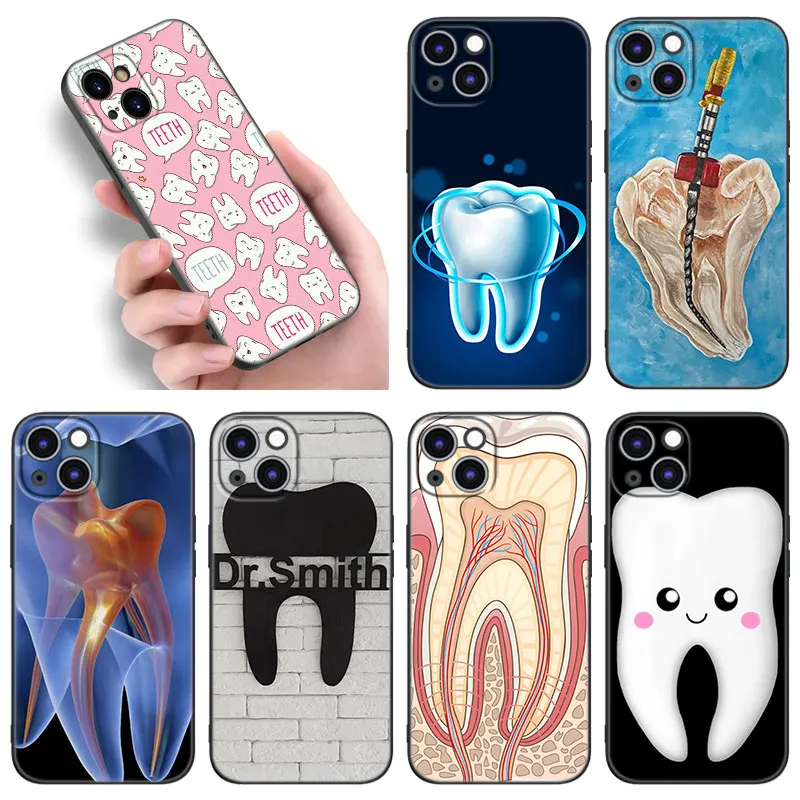 Dentist Tooth Pattern Phone Case For Apple iPhone 12 13 Mini 11 14 Pro XS Max 6S 6 7 8 Plus 5S X XR SE 2020 2022 TPU Black Cover