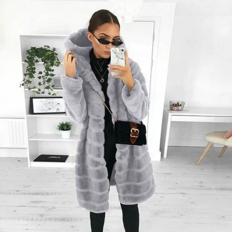 Mink fur imitation fur coat autumn and winter new women's mid to long Korean version slim fit and slimming hooded warm coat