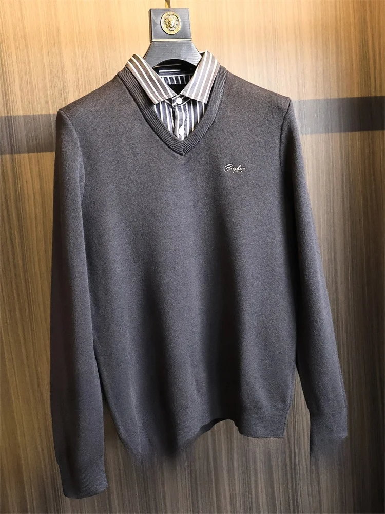 

Men's Autumn Winter Busin Casual Knitted Sweater Padded Commute Fake Two-Piece Patchwork Soft Faion Urban Sle