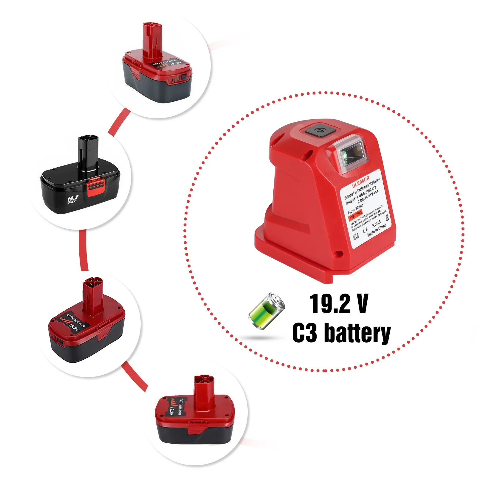 Battery DIY Adapter For Craftsman 14.4-19.2V C3 Li-ion Battery With Dual USB 3W 200LM Switch Control LED Light Power Tools Part