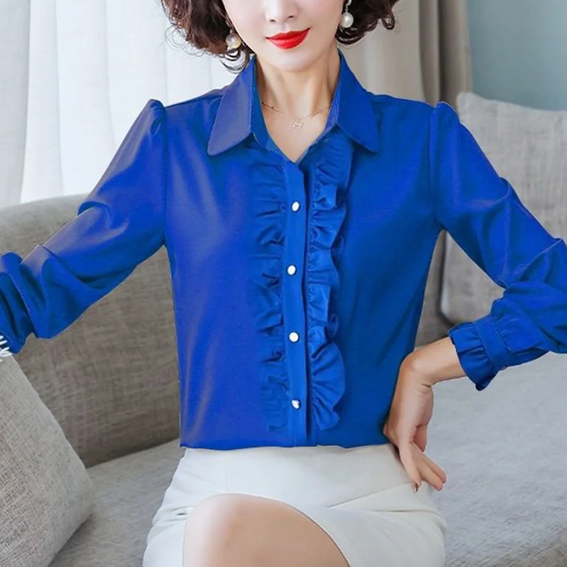 Elegant Lapel Button Spliced Solid Color Ruffles Shirt Women's Clothing 2023 Autumn New Casual Tops Loose Office Lady Blouse