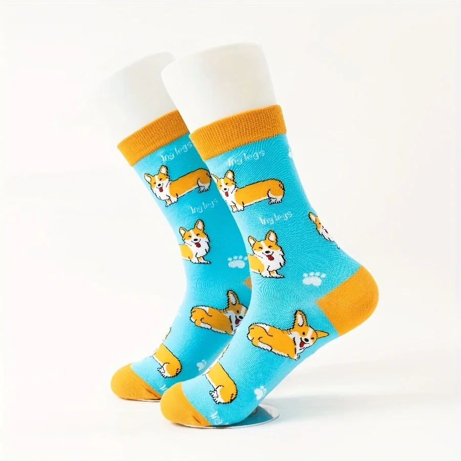 A pair of new winter cartoon cute little corgi pattern men's couple fashion trendy mid-tube socks