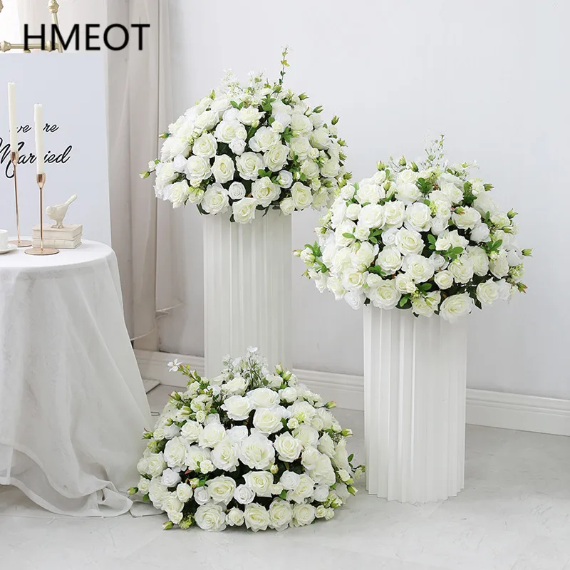 Large 60cm White Rose Hydrangea Artificial Flower Ball Wedding Table Floral Centerpieces Decor Road Lead Arrangement Party Props