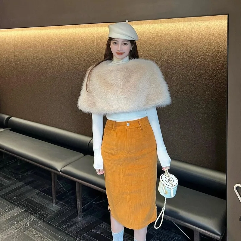 Women's 2026 Autumn Winter Faux Fox Fur Shawl Wrap Poncho Cape Warm Elegant High-End Chic Coquette Trendy Coat  Fur Jacket