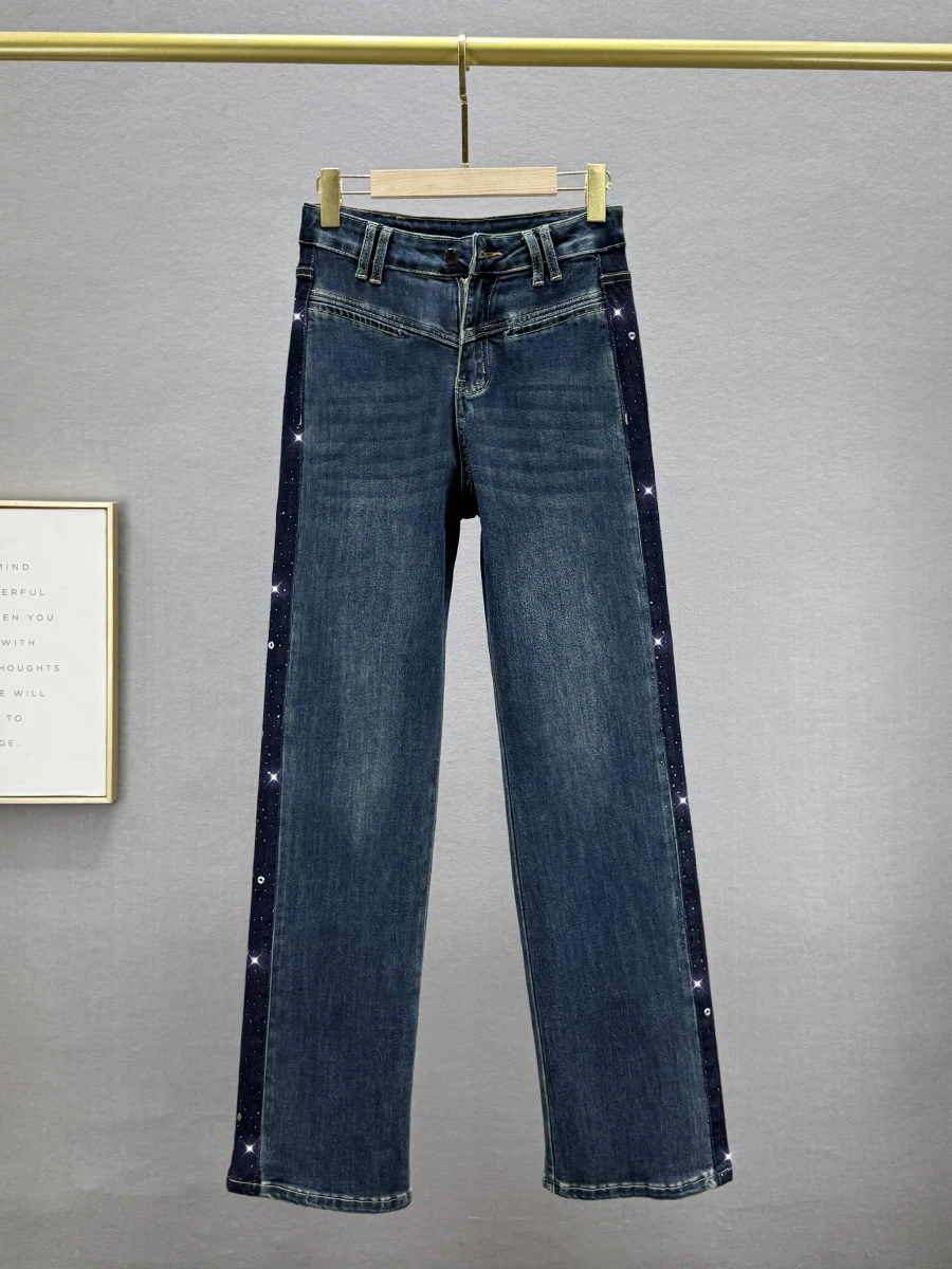 

Джинсы женские с высокой талией, свободного кроя, с блестками, прямые, удлиненные, зауженные, для осеннего сезона, модный тренд