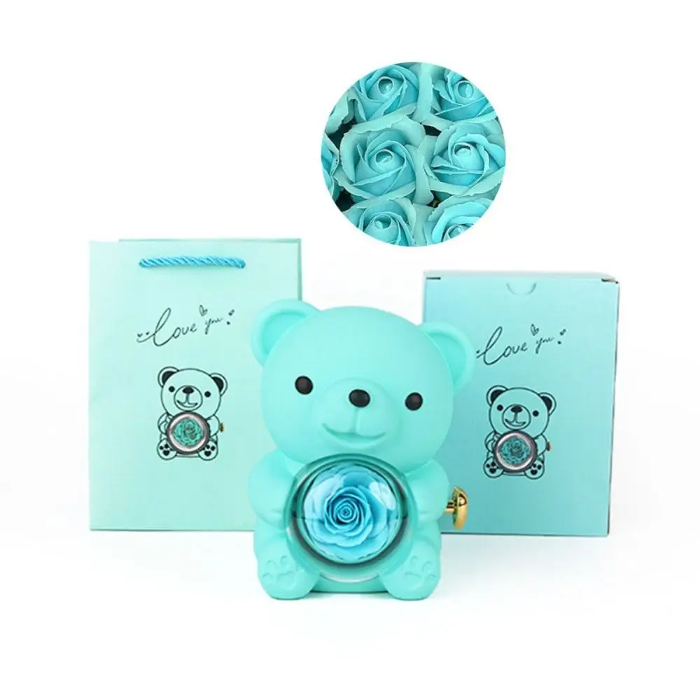 Criativo rotativo rosa caixa de jóias sabão flor rosa urso presentes caixa colar vermelho anel de armazenamento caso de presente para mulher
