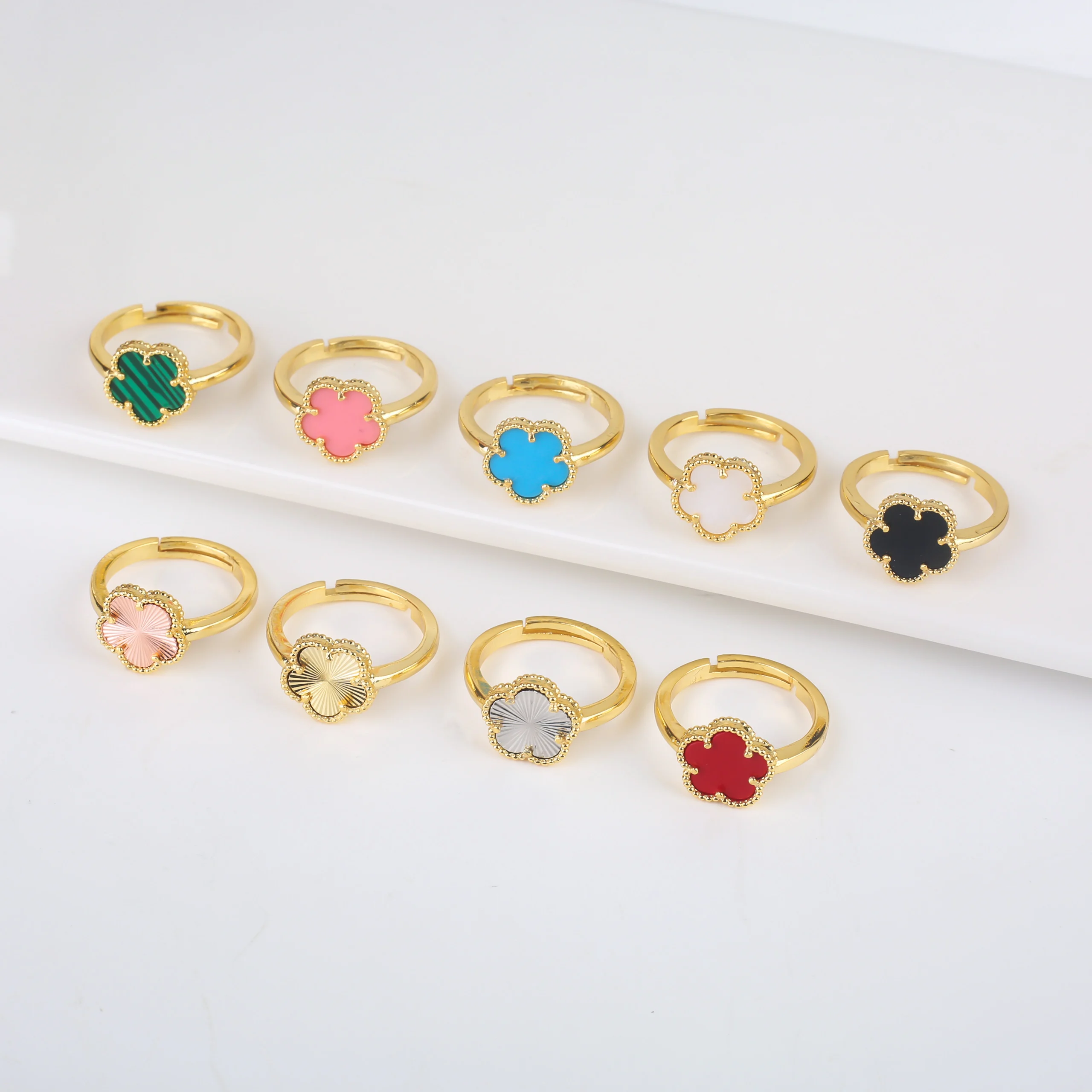 Adjustable Opening Shell New Hot Selling Plum Blossom Ring For Women's Stone Gold Plated Five Leaf Flower Cute Clover