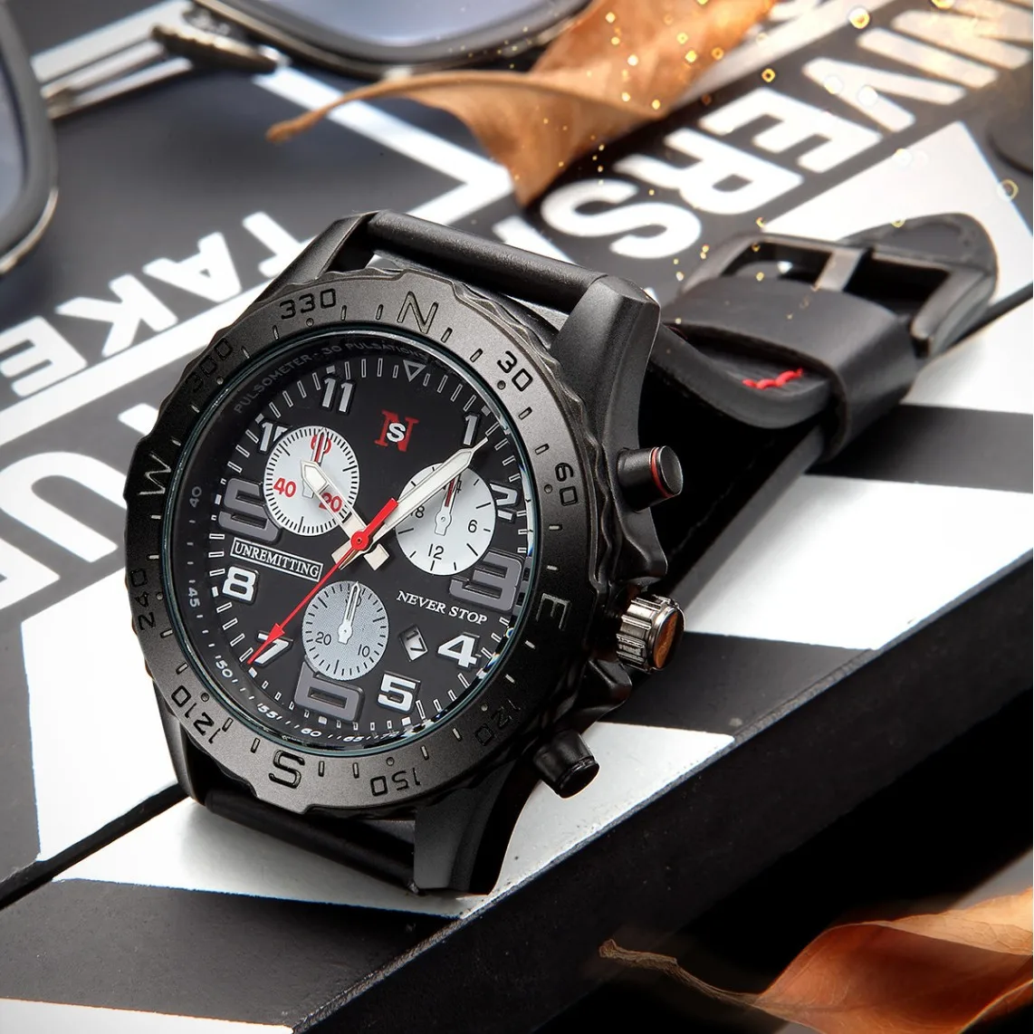 ساعة كوارتز كرونوغراف متعددة الوظائف للرجال من العلامة التجارية NS، حزام جلدي خارجي متعدد الألوان