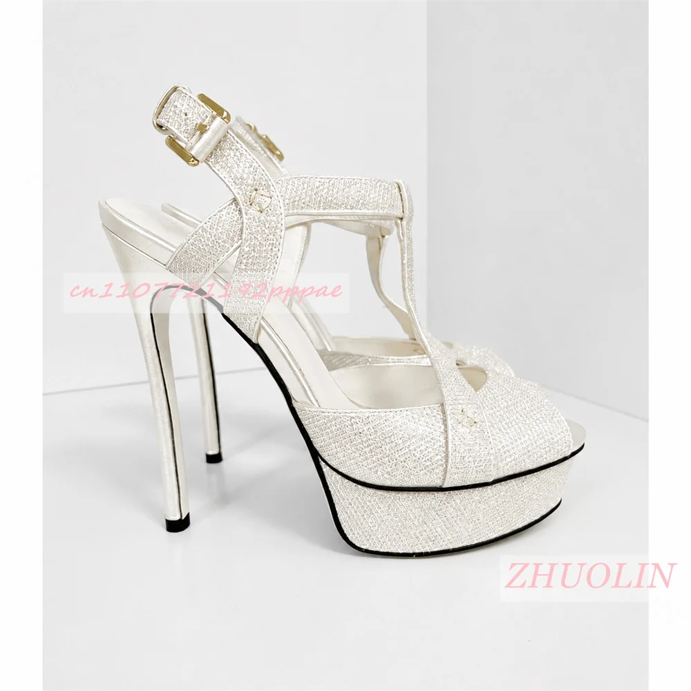 Women Peep Toe Platform Sandals Thin Stiletto Heel Gold Glitter T‑Strap Closure Ladies Wedding Party Evening High Heel Sandals