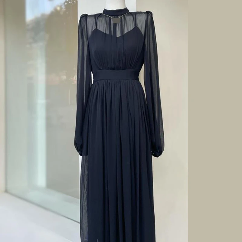 

French dress for women in spring 2023, new waistband, thin, high-end, thin, long-sleeved, solid color dress