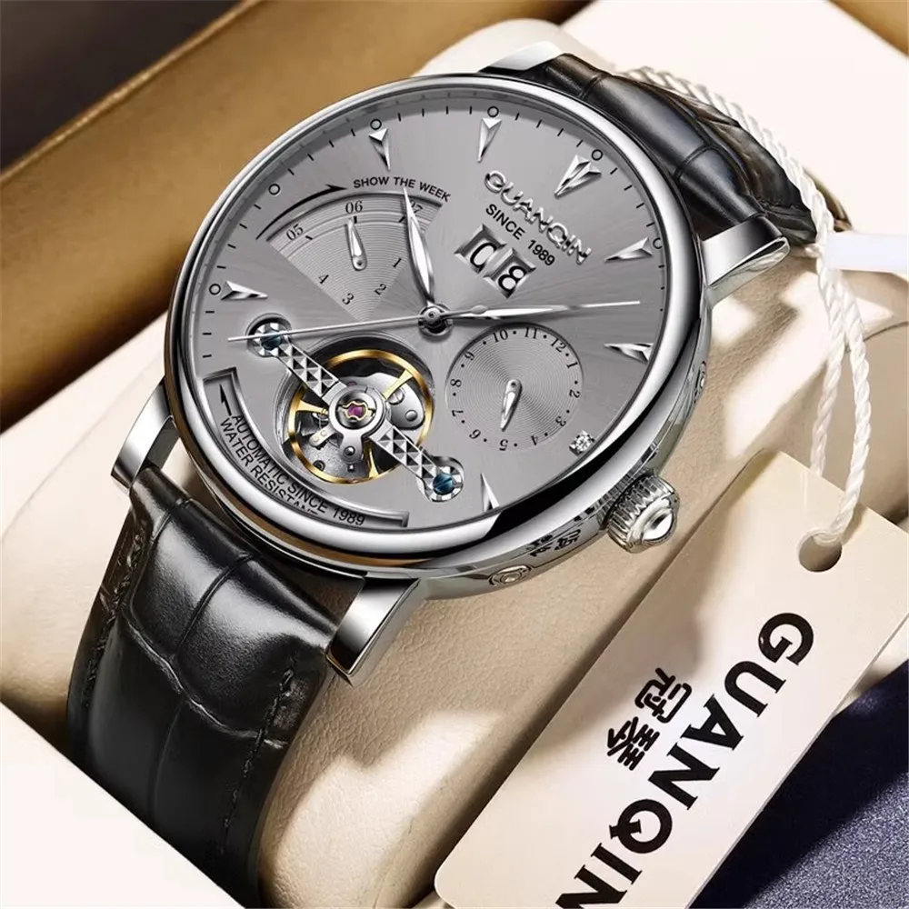 GUANQIN Men Luxury Stainless Steel Leather Strap Business Wrist Watch Automatic Mechanical Male Skeleton Clock Multifunctional